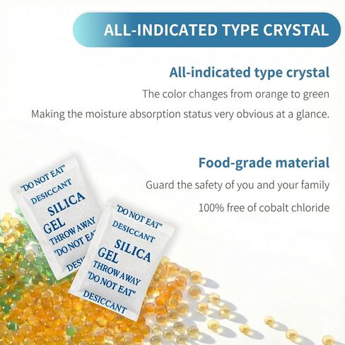 50 Pack 5 Gram Desiccant Packs for Storage, Premium Silica Gel Packets (Rechargeable & Color Indicating), Safe Food Grade Moisture Absorbers for Storage Bins, Electronics, 3D Filament in Kuwait