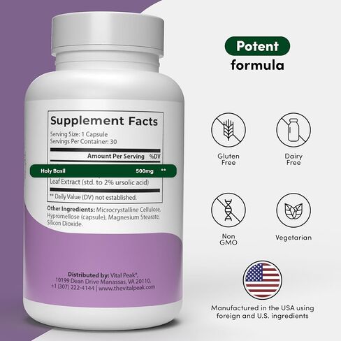 Vital Peak® Holy Basil 500 mg - دعم المزاج والاسترخاء - مكملات التولسي للنساء والرجال - نباتي، خالي من الغلوتين، خالي من الألبان، خالي من الصويا، غير معدل وراثيًا - 30 كبسولة in Kuwait