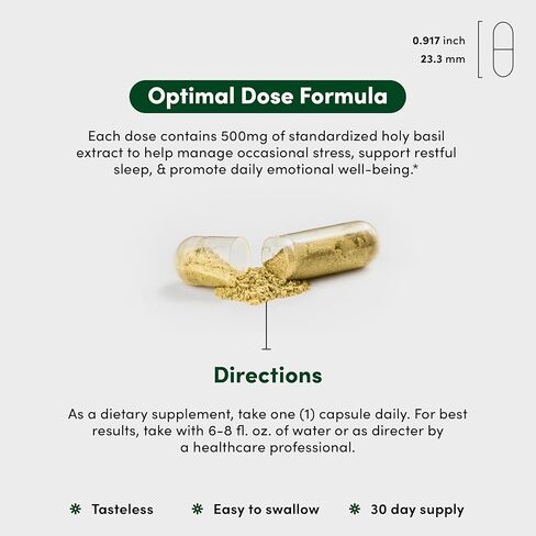 Vital Peak® Holy Basil 500 mg - دعم المزاج والاسترخاء - مكملات التولسي للنساء والرجال - نباتي، خالي من الغلوتين، خالي من الألبان، خالي من الصويا، غير معدل وراثيًا - 30 كبسولة in Kuwait