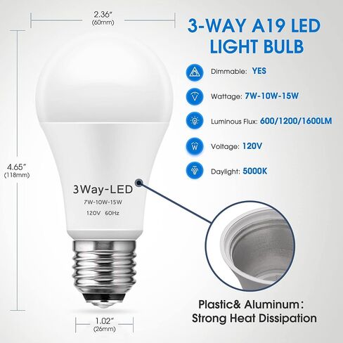 مصابيح إضاءة LED بريجنيت، مصابيح إضاءة LED ثلاثية الاتجاهات 50 100 150 وات مكافئة، مصابيح إضاءة A19 ثلاثية الاتجاهات E26 قاعدة متوسطة، ضوء نهاري أبيض 5000 ك، 500 لومن - 1000 لومن - 1500 لومن، عبوتان in Kuwait