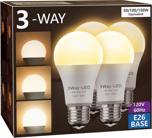 مصابيح إضاءة LED بريجنيت، مصابيح إضاءة LED ثلاثية الاتجاهات 50 100 150 وات مكافئة، مصابيح إضاءة A19 ثلاثية الاتجاهات E26 قاعدة متوسطة، ضوء نهاري أبيض 5000 ك، 500 لومن - 1000 لومن - 1500 لومن، عبوتان in Kuwait