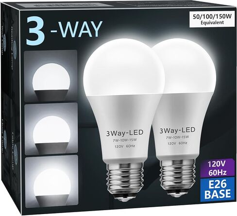 مصابيح إضاءة LED بريجنيت، مصابيح إضاءة LED ثلاثية الاتجاهات 50 100 150 وات مكافئة، مصابيح إضاءة A19 ثلاثية الاتجاهات E26 قاعدة متوسطة، ضوء نهاري أبيض 5000 ك، 500 لومن - 1000 لومن - 1500 لومن، عبوتان in Kuwait