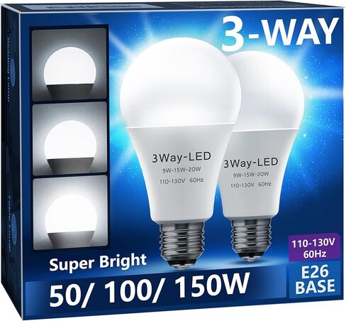 مصابيح إضاءة LED بريجنيت، مصابيح إضاءة LED ثلاثية الاتجاهات 50 100 150 وات مكافئة، مصابيح إضاءة A19 ثلاثية الاتجاهات E26 قاعدة متوسطة، ضوء نهاري أبيض 5000 ك، 500 لومن - 1000 لومن - 1500 لومن، عبوتان in Kuwait