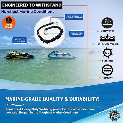 WAVESRX DockingPal - خطوط رصيف بنجي مسطحة ممتازة للقوارب وحبل رصيف مرن للقوارب مع حلقات تسلق من الفولاذ المقاوم للصدأ | يمتد من 3' إلى 5' | يمتص الصدمات ويمنع تلف Jet Ski وPWC in Kuwait