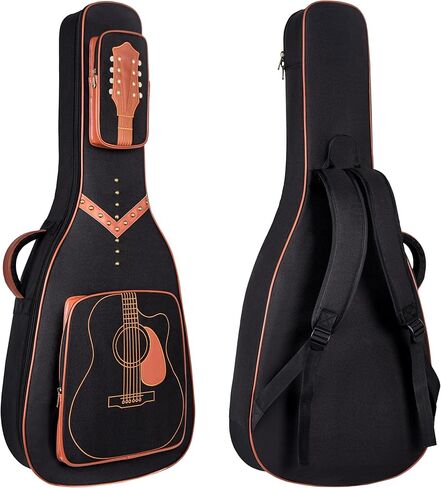 40/41/42" Acoustic Guitar Gig Bag, 0.5 Inch Thick Padding & Backpack Straps, Water-Resistant PU Leather Guitar Case with Embroidery & Rivet Studded Design, 2 Storage Pockets & Neck Fixed Strap in Kuwait