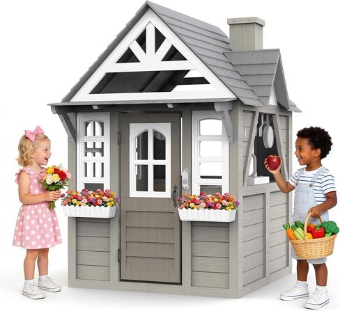 Kids Playhouse – Outdoor & Indoor Playset, Modern Gray Cedar Wooden Playhouse for Kids Ages 4-8 with Functional Kitchen Set (Includes Stove, Sink) Interactive Doorbell (Gray) in Kuwait