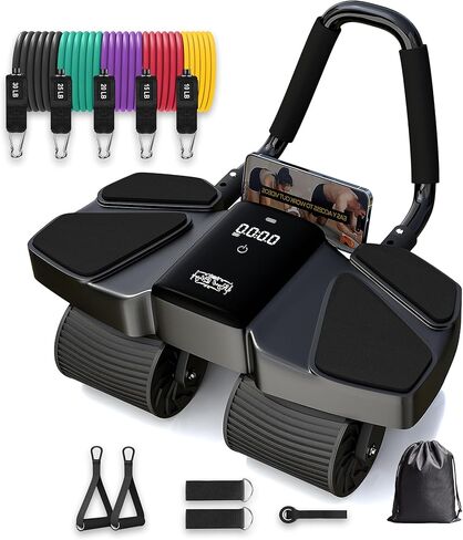 Ab Roller Home Gym Equipment – 4 Wheels Ab Wheel Muscle Roller with LCD Screen, 5Pcs Resistance Bands, Ankle Straps, Door Anchor, Handles, Travel Bag – Comfortable Elbow Support with Non-Slip Handles in Kuwait