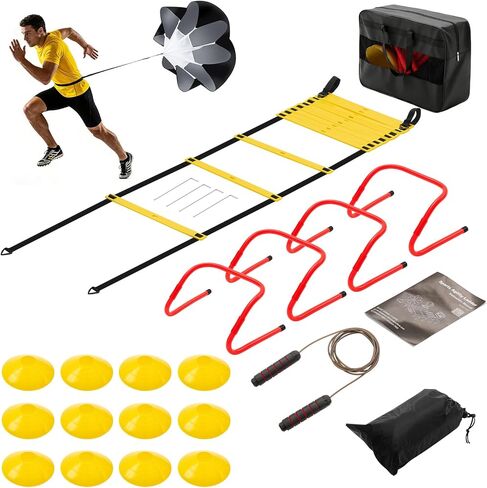 OLIXIS Soccer Agility Training Equipment Set- 20 ft Speed Ladder, 12 Soccer Cones, 4 Agility Hurdles, Jump Rope, Resistance Parachute Speed Training Equipment for Kids, Youth, Adults in Kuwait