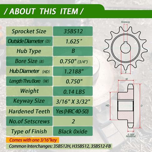 #35 Roller Chain Sprocket 12 Tooth 3/4" Bore (3/16" Keyway) Black Oxide Rust-Proof with 2 Set Screws & Key Included for Mini Bike Go-Kart Clutch Performance, Hardened 1045 Steel 35BS12-3/4 in Kuwait