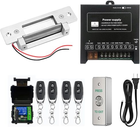 Remote Control Electric Strike Door Lock System, 2200lbs Fail Secure/Fail Safe Adjustable, Stainless Steel Exit Button, Access Control with Power Supply, 4 Remote Transmitters for Wood/Metal/PVC Doors in Kuwait