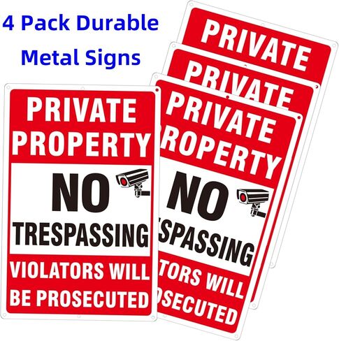 4 Pack Large Private Property No Trespassing Signs, Aluminum No Trespassing Video Surveillance Sign, No Trespassing Signs–Weatherproof and Highly Visible for Property Protection (10x14 inches) in Saudi Arabia