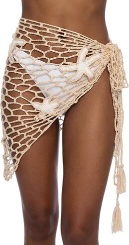 Women Crochet Cover up Skirt Hollow out Triangle Shawl Wrap Mermaid Sarong Fishnet Swimwear Starfish Beach Skirt in Saudi Arabia
