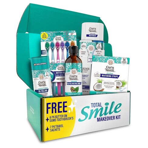 GuruNanda Total Smile Makeover Kit Regular with Cocomint Oil Pulling, Dual Barrel Whitening Mouthwash, Whitening Strips & Butter on Gums Toothbrushes in Kuwait