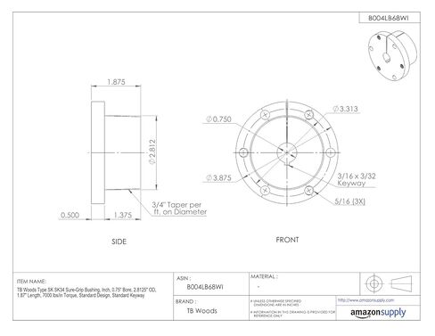 TB Woods Type SK SK34 Sure-Grip Bushing, Inch, 0.75" Bore, 2.8125" OD, 1.87" Length, 7000 lbs/in Torque, Standard Design, Standard Keyway in Saudi Arabia