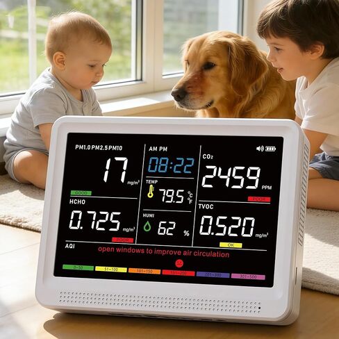 شاشة احترافية لجودة الهواء 16 في 1 بطارية 10 ساعات وشاشة عرض 5.5 بوصة 9 تنبيهات AQI+7 AQI، جهاز فحص جودة الهواء المحمول لثاني أكسيد الكربون لثاني أكسيد الكربون، TVOC، PM2.5 PM1.0 PM10، درجة حرارة HCHO/الرطوبة AQI والوقت in Saudi Arabia