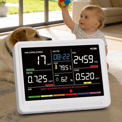 Professional 16 in 1 Air Quality Monitor Indoor 10h Battery & 5.5" Display 9 AQI+7 Alerts, Portable CO2 Monitor Air Quality Tester for CO2, TVOC, PM2.5 PM1.0 PM10, HCHO Temp/Humidity AQI & Time in Kuwait