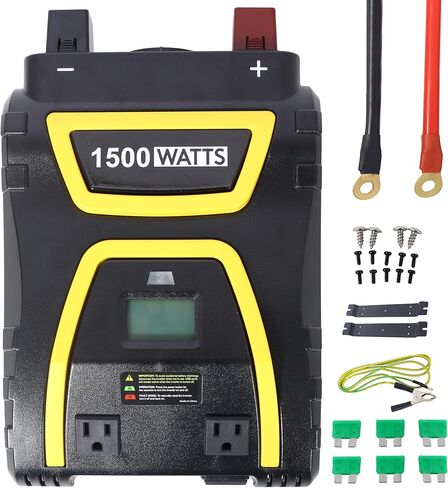 عاكس طاقة 1500 واط موجة جيبية معدلة - محول تيار متردد 12 فولت تيار مستمر إلى 115 فولت مع منفذي USB، النوع C، 3 منافذ تيار متردد، شاشة LCD، للسيارة والشاحنات والمركبات الترفيهية والتخييم ومواقع العمل والطوارئ، أسود in Kuwait