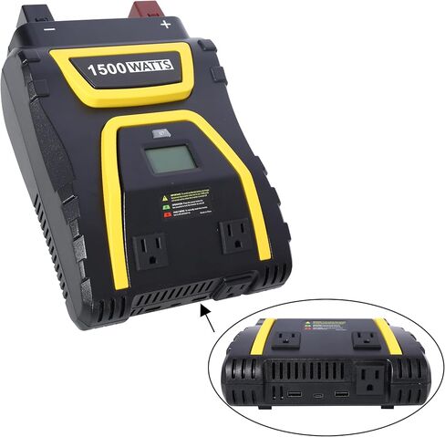 عاكس طاقة 1500 واط موجة جيبية معدلة - محول تيار متردد 12 فولت تيار مستمر إلى 115 فولت مع منفذي USB، النوع C، 3 منافذ تيار متردد، شاشة LCD، للسيارة والشاحنات والمركبات الترفيهية والتخييم ومواقع العمل والطوارئ، أسود in Kuwait