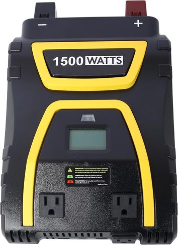 عاكس طاقة 1500 واط موجة جيبية معدلة - محول تيار متردد 12 فولت تيار مستمر إلى 115 فولت مع منفذي USB، النوع C، 3 منافذ تيار متردد، شاشة LCD، للسيارة والشاحنات والمركبات الترفيهية والتخييم ومواقع العمل والطوارئ، أسود in Kuwait