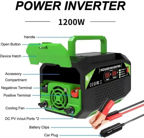 1200W Car Power Inverter, 12V DC to 110V AC Converter with LCD Display, 2 AC Outlets, Dual USB and Type-C Ports, Portable Charger for Car Truck RV Camping Travel (1200.0, Watts) in Saudi Arabia