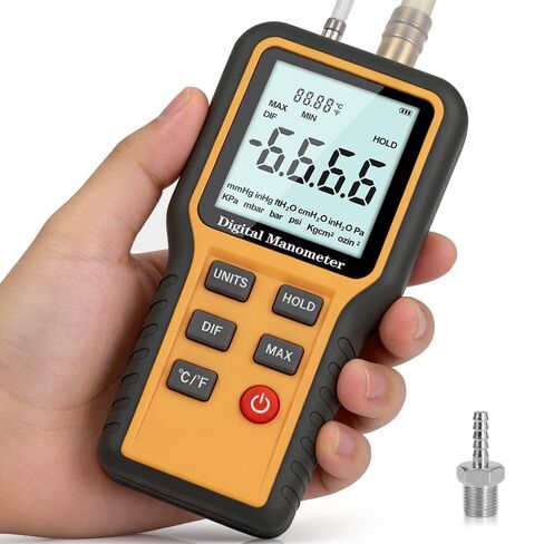 مقياس الضغط، مقياس الضغط الرقمي HVAC، جهاز اختبار ضغط الغاز ثنائي المنفذ، 12 وحدة قياس الضغط التفاضلي، تخزين البيانات والتصفير، مقياس ضغط الهواء مع إضاءة LCD سوداء in Kuwait