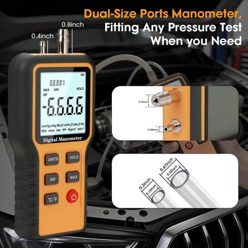Manometer, Digital Manometer HVAC, Dual-Port Gas Pressure Tester, 12 Units Differential Pressure Gauge, Data Storage & Zeroing, Air Pressure Meter with LCD Blacklit in Saudi Arabia