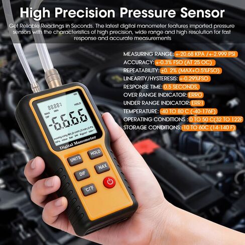 Manometer, Digital Manometer HVAC, Dual-Port Gas Pressure Tester, 12 Units Differential Pressure Gauge, Data Storage & Zeroing, Air Pressure Meter with LCD Blacklit in Saudi Arabia