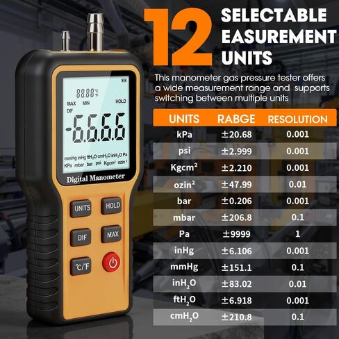 Manometer, Digital Manometer HVAC, Dual-Port Gas Pressure Tester, 12 Units Differential Pressure Gauge, Data Storage & Zeroing, Air Pressure Meter with LCD Blacklit in Saudi Arabia