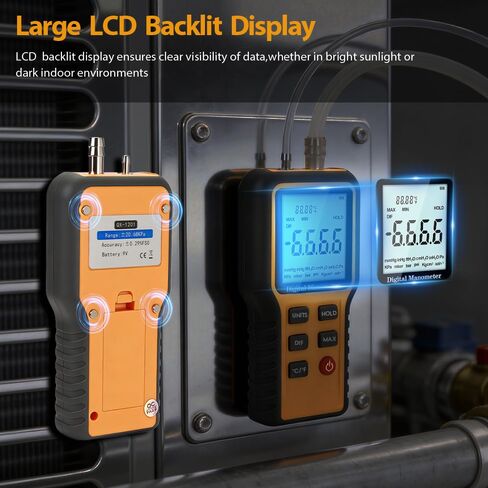 Manometer, Digital Manometer HVAC, Dual-Port Gas Pressure Tester, 12 Units Differential Pressure Gauge, Data Storage & Zeroing, Air Pressure Meter with LCD Blacklit in Saudi Arabia
