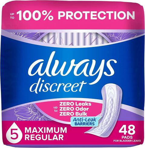 Always Discreet Adult Incontinence Pads for Women, Maximum Absorbency, Regular Length, Postpartum Pads, Up to 100% Bladder Leak Protection, 48 Count in Kuwait