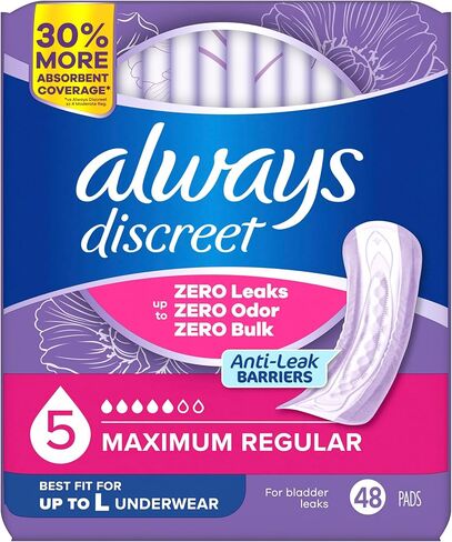 Always Discreet Adult Incontinence Pads for Women, Maximum Absorbency, Regular Length, Postpartum Pads, Up to 100% Bladder Leak Protection, 48 Count in Kuwait