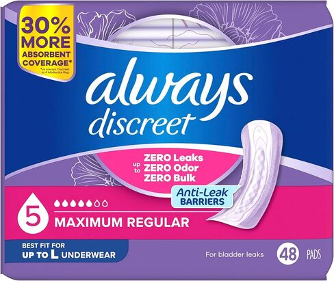Always Discreet Adult Incontinence Pads for Women, Maximum Absorbency, Regular Length, Postpartum Pads, Up to 100% Bladder Leak Protection, 48 Count in Kuwait