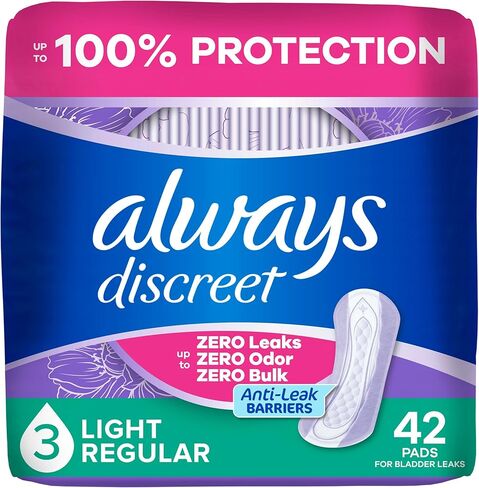 Always Discreet Adult Incontinence Pads for Women, Light Absorbency, Regular Length, Postpartum Pads, Up to 100% Bladder Leak Protection, 42 Count in Kuwait