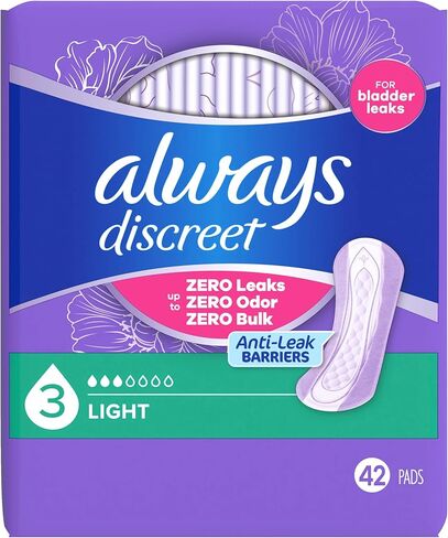 Always Discreet Adult Incontinence Pads for Women, Light Absorbency, Regular Length, Postpartum Pads, Up to 100% Bladder Leak Protection, 42 Count in Kuwait
