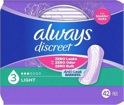 Always Discreet Adult Incontinence Pads for Women, Light Absorbency, Regular Length, Postpartum Pads, Up to 100% Bladder Leak Protection, 42 Count in Kuwait