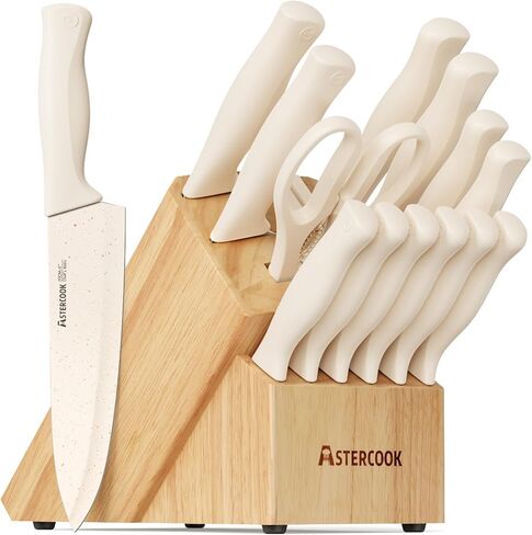 Astercook Knife Set, 15 Pieces Kitchen Knife Set with Sharpener Block, German Stainless Steel Knives Set with Anti-Rust Coating, Dishwasher Safe Elegant Cream White Knife Block Sets, Valentine's Gift in Kuwait