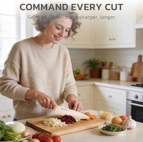 Astercook Knife Set, 15 Pieces Kitchen Knife Set with Sharpener Block, German Stainless Steel Knives Set with Anti-Rust Coating, Dishwasher Safe Elegant Cream White Knife Block Sets, Valentine's Gift in Kuwait