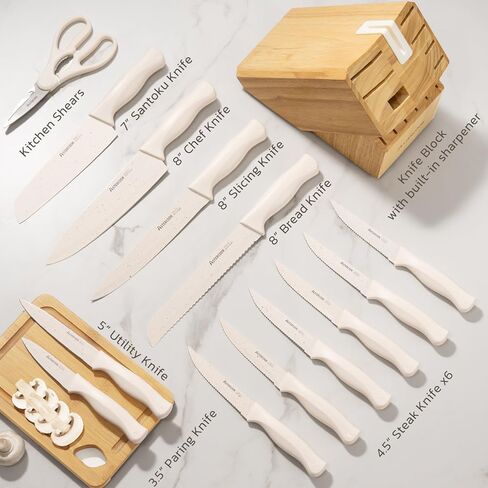 Astercook Knife Set, 15 Pieces Kitchen Knife Set with Sharpener Block, German Stainless Steel Knives Set with Anti-Rust Coating, Dishwasher Safe Elegant Cream White Knife Block Sets, Valentine's Gift in Kuwait
