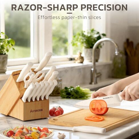 Astercook Knife Set, 15 Pieces Kitchen Knife Set with Sharpener Block, German Stainless Steel Knives Set with Anti-Rust Coating, Dishwasher Safe Elegant Cream White Knife Block Sets, Valentine's Gift in Kuwait