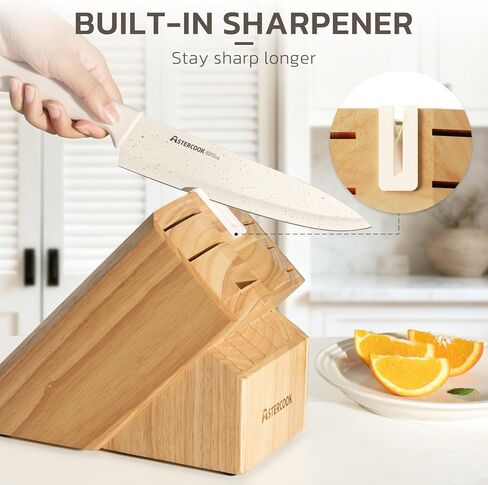Astercook Knife Set, 15 Pieces Kitchen Knife Set with Sharpener Block, German Stainless Steel Knives Set with Anti-Rust Coating, Dishwasher Safe Elegant Cream White Knife Block Sets, Valentine's Gift in Kuwait