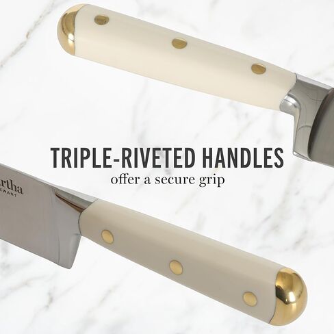 Martha Stewart 16 Piece Lockton High Carbon Stainless Steel Cutlery Kitchen Knife Block Set W/ABS Triple Riveted Forged Handle Acacia Wood Block - Linen White W/Gold in Saudi Arabia