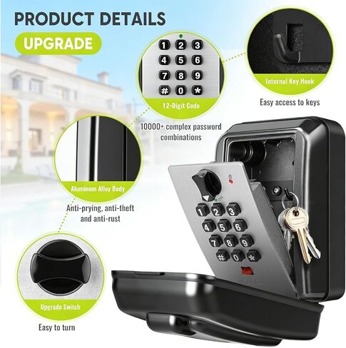BKNOOU Sturdy Waterproof Key Lock Box for Outside, Large Capacity Wall Mount Lock Box for Keys with Code, 12-Digit Combination Resettable Security Lockbox for Outdoor House Spare Keys, Home, Garage in Kuwait
