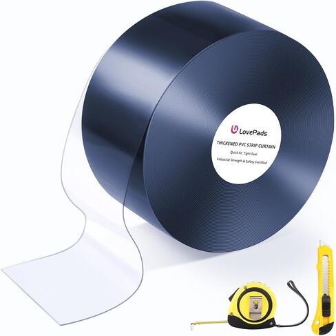 ستارة باب بشريط PVC شفاف من LovePads مع سكين وشريط قياس - ستائر بلاستيكية للمشي في المبرد، غطاء الفريزر الحراري للمستودعات التجارية والمرآب، شرائط مقاس 8 بوصات × 96 بوصة in Kuwait