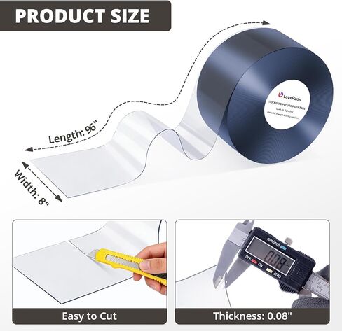 ستارة باب بشريط PVC شفاف من LovePads مع سكين وشريط قياس - ستائر بلاستيكية للمشي في المبرد، غطاء الفريزر الحراري للمستودعات التجارية والمرآب، شرائط مقاس 8 بوصات × 96 بوصة in Kuwait