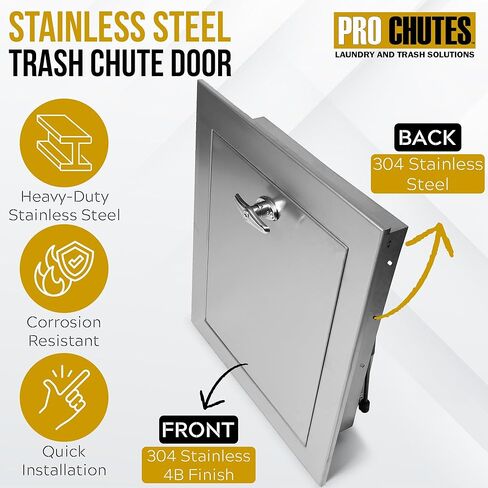 باب شلال القمامة العالمي مقاس 15 بوصة × 18 بوصة - حواف 3 بوصة - أبواب بمفصلات سفلية مصنوعة من الفولاذ المقاوم للصدأ بنسبة 100%، مقاومة للحريق، معتمدة من UL، إغلاق ذاتي، مقبض على شكل حرف T قابل للقفل وإغلاق إيجابي. حلول الغسيل والقمامة. in Kuwait