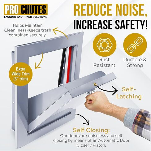باب شلال القمامة العالمي مقاس 15 بوصة × 18 بوصة - حواف 3 بوصة - أبواب بمفصلات سفلية مصنوعة من الفولاذ المقاوم للصدأ بنسبة 100%، مقاومة للحريق، معتمدة من UL، إغلاق ذاتي، مقبض على شكل حرف T قابل للقفل وإغلاق إيجابي. حلول الغسيل والقمامة. in Kuwait