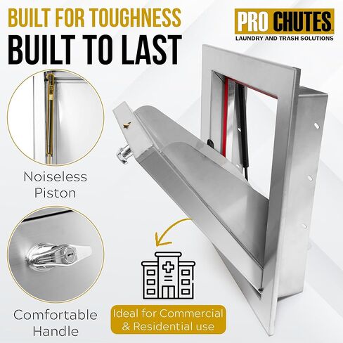 باب شلال القمامة العالمي مقاس 15 بوصة × 18 بوصة - حواف 3 بوصة - أبواب بمفصلات سفلية مصنوعة من الفولاذ المقاوم للصدأ بنسبة 100%، مقاومة للحريق، معتمدة من UL، إغلاق ذاتي، مقبض على شكل حرف T قابل للقفل وإغلاق إيجابي. حلول الغسيل والقمامة. in Kuwait