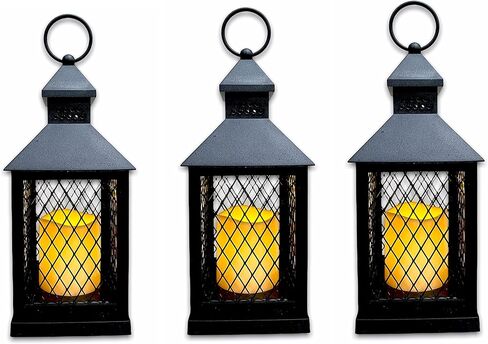Just in Time for Winter {12 Pc Set} 10" Decorative Lanterns with Flameless LED Lighted Candle, 5 Hr Timer, Antique Look Indoor Outdoor Home, Garden, Weddings - Black. Includes Bonus String Lights! in Saudi Arabia
