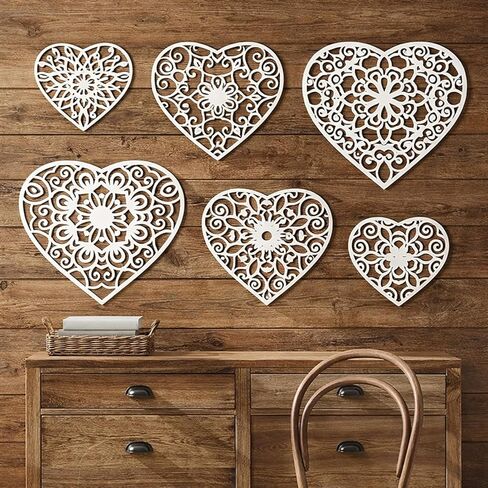 Wesiti 6 Pcs Valentine's Day Heart decor Wood Hollow Carved Wall Sign Rustic Hanging Wall Panel Carved Floral Patterned Sculpture for Kitchen Bedroom Living Room Office Decoration, 3 Sizes in Kuwait