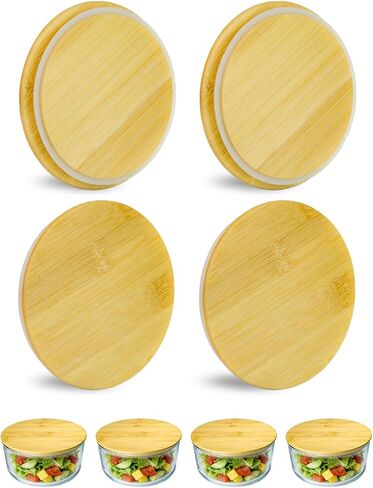 أغطية خشبية بديلة لبيريكس، حاويات زجاجية مرساة 7200 * 4، أغطية من الخيزران لأوعية بيركس الزجاجية سعة 2 كوب، أغطية الوعاء مع حشية سيليكون مانعة للتسرب 4 عبوات in Kuwait